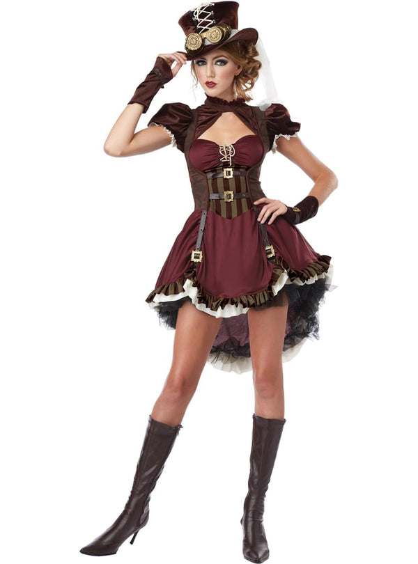 Moteris su ruda „steampunk“ stiliaus suknele, skrybėle ir akiniais.